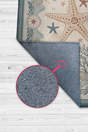 Homshtag Nuh'un Gemisi Koleksiyonu Deniz Yıldızı Temalı Çiçekli Krem Renk Bordürlü Şık Konsept Halı