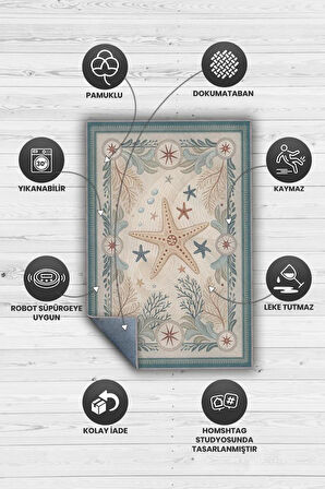 Homshtag Nuh'un Gemisi Koleksiyonu Deniz Yıldızı Temalı Çiçekli Krem Renk Bordürlü Şık Konsept Halı