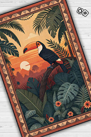 Homshtag Nuh'un Gemisi Koleksiyonu Tukan Kuşu Temalı Çiçekli Çok Renk Bordürlü Şık Konsept Halı