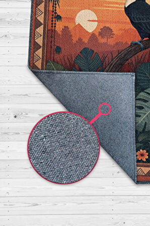 Homshtag Nuh'un Gemisi Koleksiyonu Tukan Kuşu Temalı Çiçekli Çok Renk Bordürlü Şık Konsept Halı