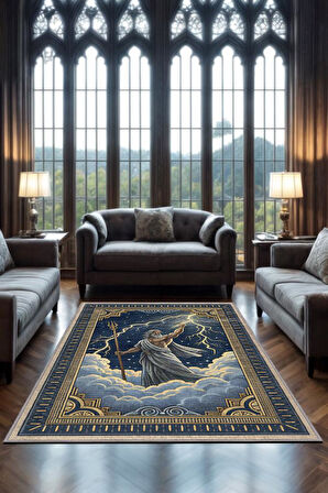 Homshtag Art Deko Renkli Zeus Temalı Mavi Renkli Halı Zeus Desenli Halı Modern Dijital Baskılı Halı