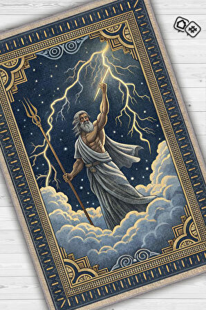 Homshtag Art Deko Renkli Zeus Temalı Mavi Renkli Halı Zeus Desenli Halı Modern Dijital Baskılı Halı