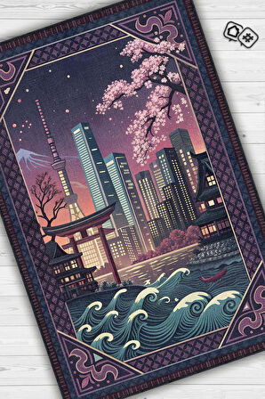 Homshtag Şehirlerde Tokyo Temalı Dijital Baskılı Yıkanabilir Pamuk Tabanlı Tokyo Şehiri Temalı Halı