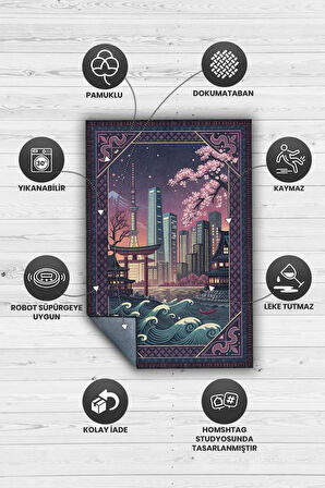 Homshtag Şehirlerde Tokyo Temalı Dijital Baskılı Yıkanabilir Pamuk Tabanlı Tokyo Şehiri Temalı Halı