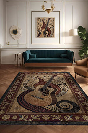 Homshtag Gitar Halısı Pop Art Müzik Halısı Müzik Gitar Figürlü Kahve Renkli Modern Halı