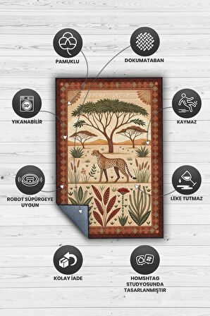 Homshtag Nuh'un Gemisi Koleksiyonu Çita Temalı Çiçekli Çok Renkli Bordürlü Şık Konsept Halı