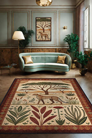 Homshtag Nuh'un Gemisi Koleksiyonu Çita Temalı Çiçekli Çok Renkli Bordürlü Şık Konsept Halı