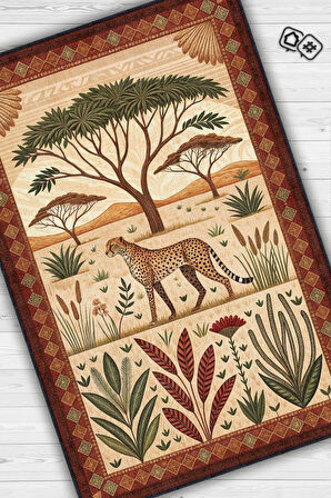 Homshtag Nuh'un Gemisi Koleksiyonu Çita Temalı Çiçekli Çok Renkli Bordürlü Şık Konsept Halı