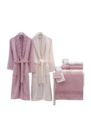 Yıldız Bambu Aile Bornoz Seti (10 Parça) Krem-mürdüm NRPK000565