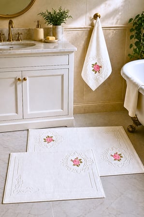 Nurpak Armina Nakışlı %100 Pamuk 3 Parça Banyo Paspas Takımı Yumuşak ve Emici 60x95 50x70 50x90