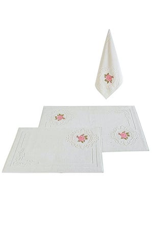 Nurpak Armina Nakışlı %100 Pamuk 3 Parça Banyo Paspas Takımı Yumuşak ve Emici 60x95 50x70 50x90