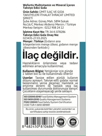 WEFORTİS MULTİVİTAMİN COMPLEX 60 TB DIETARY SUPPLEMENT