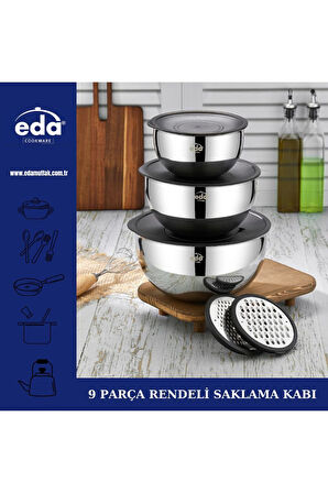 Eda paslanmaz çelik 9 parça karıştırma kabı - rendeli karıştırma saklama kabı seti