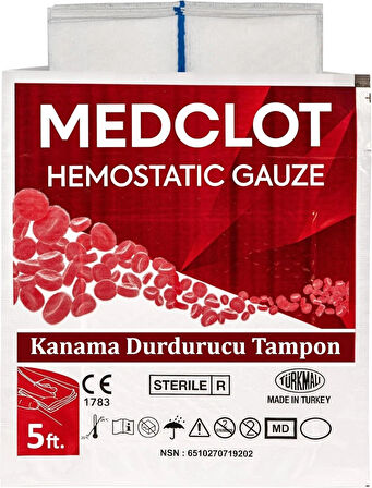 Medclot Hemostatik Kanama Durdurucu Steril Gazlı Bez Kaolin CE Sertifikalı Spanç Pansuman Bandaj Acil Durum İlk Yardım Kanama Kontrolü 7,5 x 152 cm