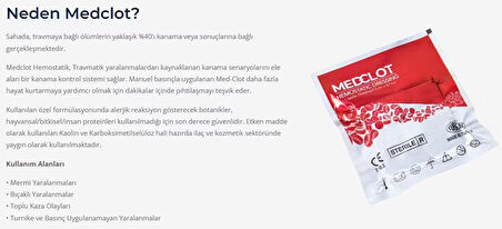 Medclot Hemostatik Kanama Durdurucu Steril Gazlı Bez Kaolin CE Sertifikalı Spanç Pansuman Bandaj Acil Durum İlk Yardım Kanama Kontrolü 7,5 x 152 cm