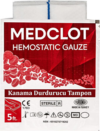 Medclot Hemostatik Kanama Durdurucu Steril Tampon Gazlı Bez Kaolin CE Sertifikalı Spanç Pansuman Acil Durum İlk Yardım Kanama Kontrolü 7,5 x 152 cm
