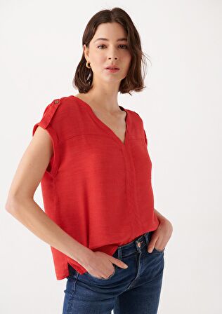 Mavi V Yaka Kırmızı Bluz 122504-30648