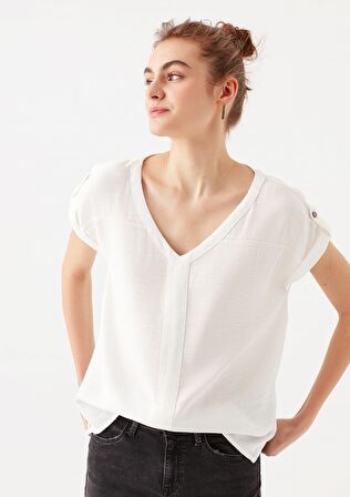 Mavi V Yaka Beyaz Bluz 122504-30701