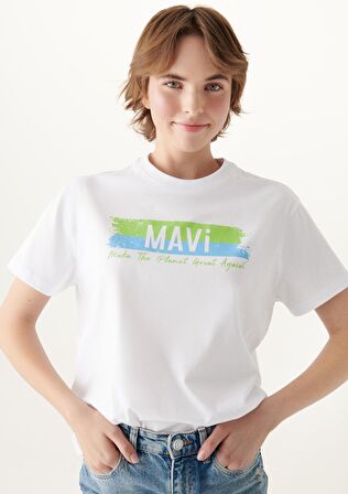 Mavi Doğa Dostu Make The Planet Great Again Baskılı Tişört   168752-620