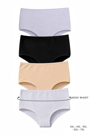 DOMINANT Kadın Çamaşır Pamuklu Düz Renk YÜKSEK BEL Geniş Basen BATO Külot 4'lü Paket (3-4-5-6-7 XL)