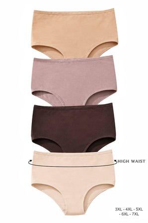 DOMINANT Kadın Çamaşır Pamuklu Düz Renk YÜKSEK BEL Geniş Basen BATO Külot 4'lü Paket (3-4-5-6-7 XL)