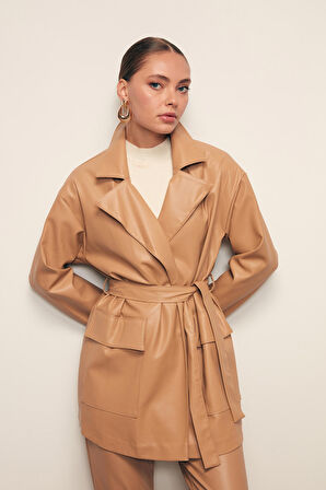 Kuşaklı Deri Ceket - Bej