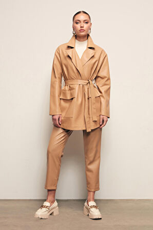 Kuşaklı Deri Ceket - Bej