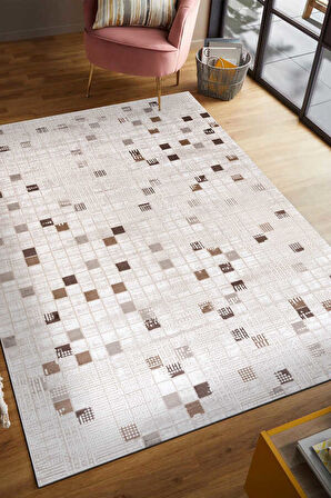 Bafra Kahverengi Beyaz Halı Yumuşak Oturma Odası Salon Çocuk Odası Mutfak Halısı P1190