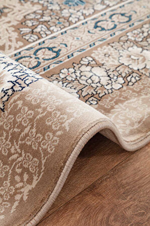 Amasra Bej Mavi Halı Yumuşak Oturma Odası Salon Çocuk Odası Mutfak Halısı P9086