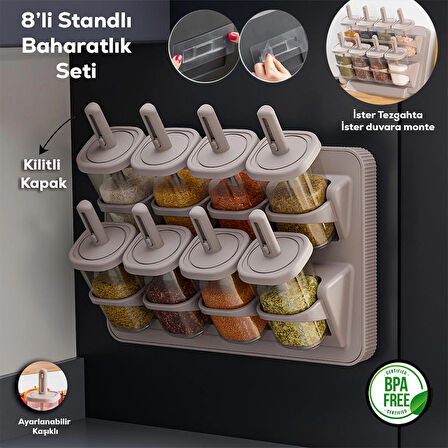 Porsima 1123 8'Li Standlı Kaydırmalı Kaşıklı 360° Döner Kapaklı Etiketli Baharatlık Seti - Erzak Saklama Kabı Cappuccino