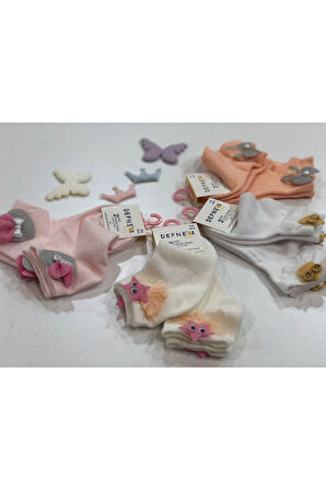 2 Çift Kız Çocuk Krem Aksesuar Detaylı Soket Çorap