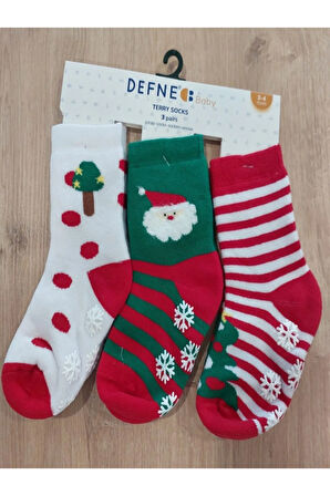 3 Çift Havlu Pamuklu Kışlık Yılbaşı Desenli Unisex Çocuk Ve Bebek Soket Çorap