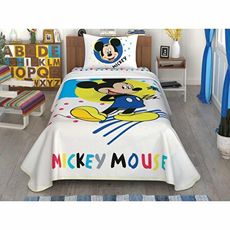 Taç Lisanslı Disney Mickey Colour % 100 Pamuk Tek Kişilik Pike Takımı 100x200 cm Çarşaflı