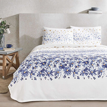 Taç Baskılı Flora Tek Kişilik Pike Takımı Mavi