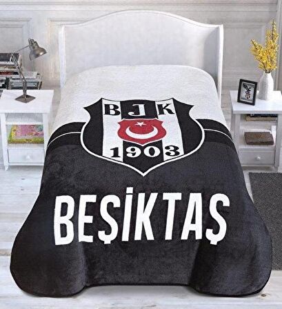 Taç Tekstil Beşiktaş Tek Kişilik Polar Battaniye Beyaz - Siyah 160 x 220 cm