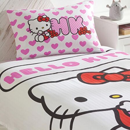 Taç Lisanslı Hello Kitty Love Tek Kişilik Pamuk Pike Takımı