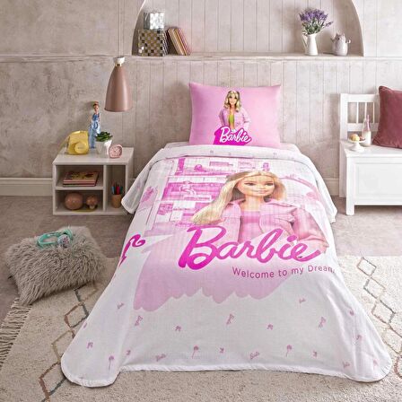 Taç Lisanslı Barbie Box Home Tek Kişilik Pamuk Pike Takımı