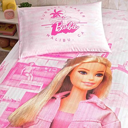 Taç Lisanslı Barbie Box Home Tek Kişilik Pamuk Pike Takımı