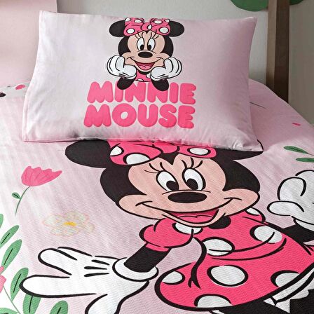 Taç Lisanslı Minnie Mouse Golden Tek Kişilik Pamuk Pike Takımı