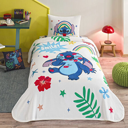 Taç Lisanslı Disney Stitch Tek Kişilik Pamuk Pike Takımı