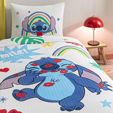 Taç Lisanslı Disney Stitch Tek Kişilik Pamuk Pike Takımı