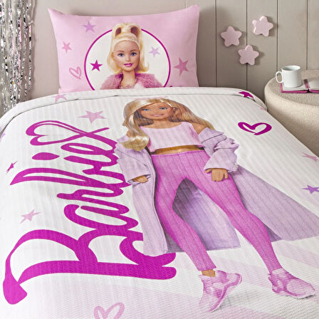 Taç Lisanslı Barbie Light Tek Kişilik Pamuk Pike Takımı