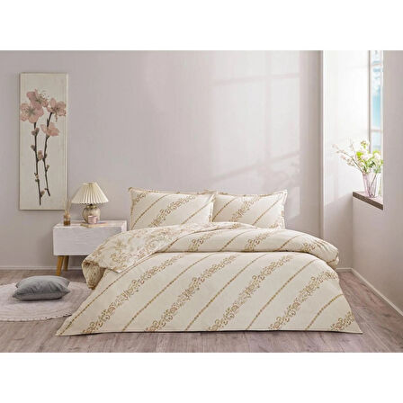 TAÇ SEÇ&SER ÇİFT TARAFI DESENLİ ÇİFT KİŞİLİK NEVRESİM TAKIMI LİVİA EKRU