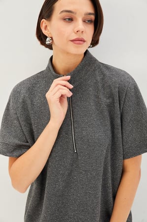 Kısa Kollu Fermuarlı Örme Simli Sweatshirt