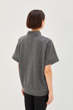 Kısa Kollu Fermuarlı Örme Simli Sweatshirt