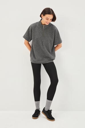 Kısa Kollu Fermuarlı Örme Simli Sweatshirt