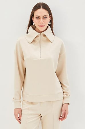 Yaka Detaylı Fermuarlı Regular Örme Sweatshirt