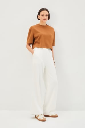 Camel Bisiklet Yaka Crop Örme Tişört