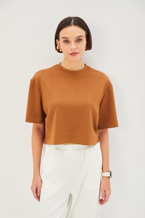 Camel Bisiklet Yaka Crop Örme Tişört