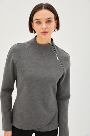 Scuba Kumaş Dik Yaka Fermuar Detaylı Antrasit Regular Örme Sweatshirt